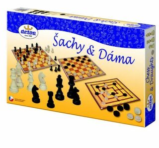 Šachy a dáma - společenská hra / dřevěné figurky a kameny v krabici - neuveden